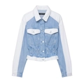 Women fashion color-block patchwork denim jacket and pants set in light blue and white - XS / Tops