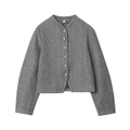 Detail of grey tweed jacket showing round neck, gold metal buttons and wool blend texture - S / Gray