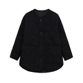 Women's black onion-quilted jacket with round neck and large pockets in flat lay view - XS / Black