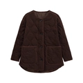 Women's dark brown quilted jacket with crew neck and large front patch pockets - XS / Coffee