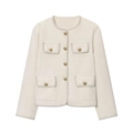 Classic white tweed jacket with gold buttons and contrast braided trim on white background - White / XS
