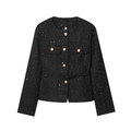 Elegante Tweedjacke in Schwarz mit goldenen Pailletten, Rundhals und Metallknöpfen - XS / Schwarz
