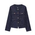 Elegante dunkelblaue Tweed-Jacke für Damen mit Goldfäden und passendem Taillengürtel - XS / Blau
