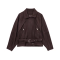 Brown faux suede biker jacket with oversized collar, metal buckle belt and silver zippers - S / Chocolate