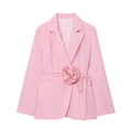 Blazer rose élégant pour femme avec fleur 3D décorative et cordon de serrage à la taille - S / Rose