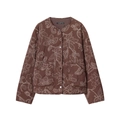 Brown quilted jacket with white floral embroidery, crew neck, and large front pockets - XS / Brown Printed