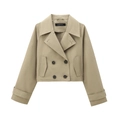 Classic khaki double-breasted short trench coat with lapels and decorative buttons - XS / Khaki