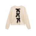 Chic cream knit cardigan featuring three large black satin bows on the front center - S / Milky White