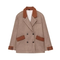 Vintage wollen damesjas met dubbele rij knopen en kleurvlakken in havermout en karamel - XS / Khaki