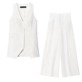 Dames tweedelige set met mouwloze vest met V-hals en wijde broek in een gebroken witte kleur - XS / Set met witte Zirkonia