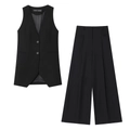 Dames zwart mouwloos vest met V-hals en bijpassende wijde broek met hoge taille - XS / Set met zwarte Zirkonia