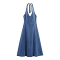 Medium blue halter neck backless denim dress with a deep V-neck and A-line silhouette - XS / Dark Blue