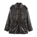 Dark brown faux leather utility jacket with four flap pockets and matching waist belt - XS / Dark Brown