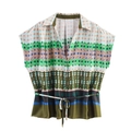 Women's vintage geometric print satin short sleeve shirt with tie-waist detail - XS / Green Top