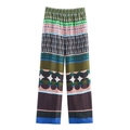 Women's satin wide-leg trousers featuring colorful geometric print and elastic waist - XS / Green Pants