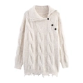Maglione in maglia a trecce color avena con ampio rever, bottoni laterali e bordo sfrangiato - Taglia unica / Albicocca