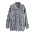 Maglione grigio a trecce con collo asimmetrico e bordi sfrangiati effetto usurato - Taglia unica / Grigio