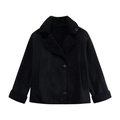 Detail of faux suede jacket featuring black faux shearling trim on collar and pockets - XS / Black
