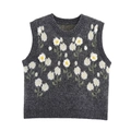 Gilet en maille gris foncé pour enfant avec marguerites en 3D et finitions côtelées - S / gris foncé