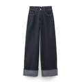 Vaqueros de mujer de talle alto y pierna recta en negro con bajos vueltos anchos y modernos - XS / Vaqueros Azul Oscuro