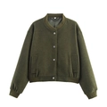 Olivgrüne Tweed-Bomberjacke mit Rippstrickbündchen und silbernen Metallknöpfen, Größe S - XS / Grün