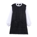 Tweed contrast mini dress featuring puff lantern sleeves and ruffled collar detail - XS / Black