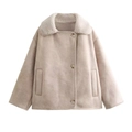 Detail of faux suede shearling jacket featuring plush collar and classic button closure - XS / White