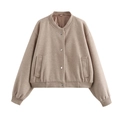 Blouson aviateur court en tweed kaki pour femme avec boutons-pression métalliques - Khaki Clair