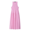 Pink gingham halter midi dress with a smocked bodice and A-line skirt on white background - S / Pink