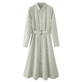 Vestido camisero de rayas verdes y blancas con manga larga y cinturón con hebilla dorada - XS / Rayas verdes y blancas