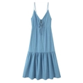 Robe midi bleu clair à fines bretelles, col en V, cordon de serrage et volant - XS / Bleu clair