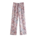 Pantaloni larghi in raso rosa da donna con stampa paisley e coulisse in vita regolabile - S / Stampa Mista