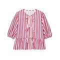 Sweet pink striped short sleeve blouse with bow ties and peplum hem on white background - S / Striped Top