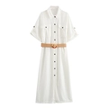 Vestido camisero midi de algodón lino blanco con bolsillos cargo y cinturón de paja - S / Blanco