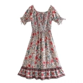 Floral A-line dress with smocking detail, puff sleeves, and vacation style pattern - XS / White
