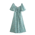 Slim fit mint green floral dress with V-neck, puff sleeves and button detail - S / Green