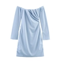 Nauwsluitende lichtblauwe off-shoulder mini-jurk met plooien en lange mouwen - S / Hemelsblauw