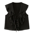 Top senza maniche nero in chiffon con ruches, bottoni dorati e chiusura a laccio - XS / Camicia