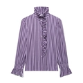 Women's purple striped long sleeve blouse with ruffled high neck and frilled cuffs - S / Purple Striped