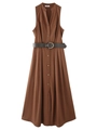 Vestido midi sin mangas con cuello en V en marrón oscuro con botones y cinturón de cuero - XS / Marrón