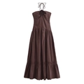 Vestido largo marrón oscuro con cuello halter, flor 3D y falda con volantes amplios - XS / café