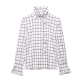 White and purple checkered long sleeve shirt with feminine ruffle collar and front trim - S / Purple Plaid (White)