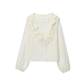 Elegante camicetta in chiffon bianco con volant a strati e scollo a V con lacci da donna - S / Bianco latte