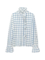 Women's ruffle high neck long sleeve shirt in white and dark blue grid pattern - S / Blue Plaid (Blue)