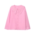 Pink long sleeve cotton shirt featuring embroidered oversized Peter Pan collar with scalloped edges - S / Pink