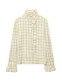 Women's yellow gingham long sleeve shirt with ruffle trim and stand collar details - S / Yellow Plaid (Yellow)