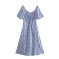 Lavender floral dress with puff sleeves, sweetheart neckline and A-line midi silhouette - S / Purple