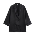 Detail van zwarte double-breasted blazer met satijnen textuur en verticale korrelstof - S / Zwarte Top