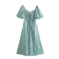 Light blue floral midi dress with puff sleeves, V-neck, and button detail in A-line fit - S / Green