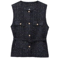 Details einer dunkelblauen Tweed-Weste mit goldenen Reliefknöpfen und passendem Gürtel - XS / Marineblau